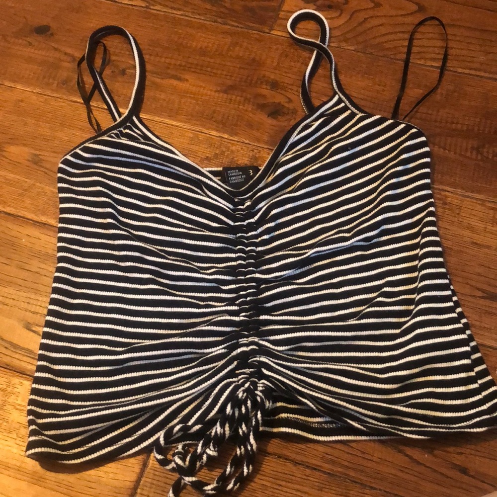 Black and white striped crop tank top with rushing and tie in down the front